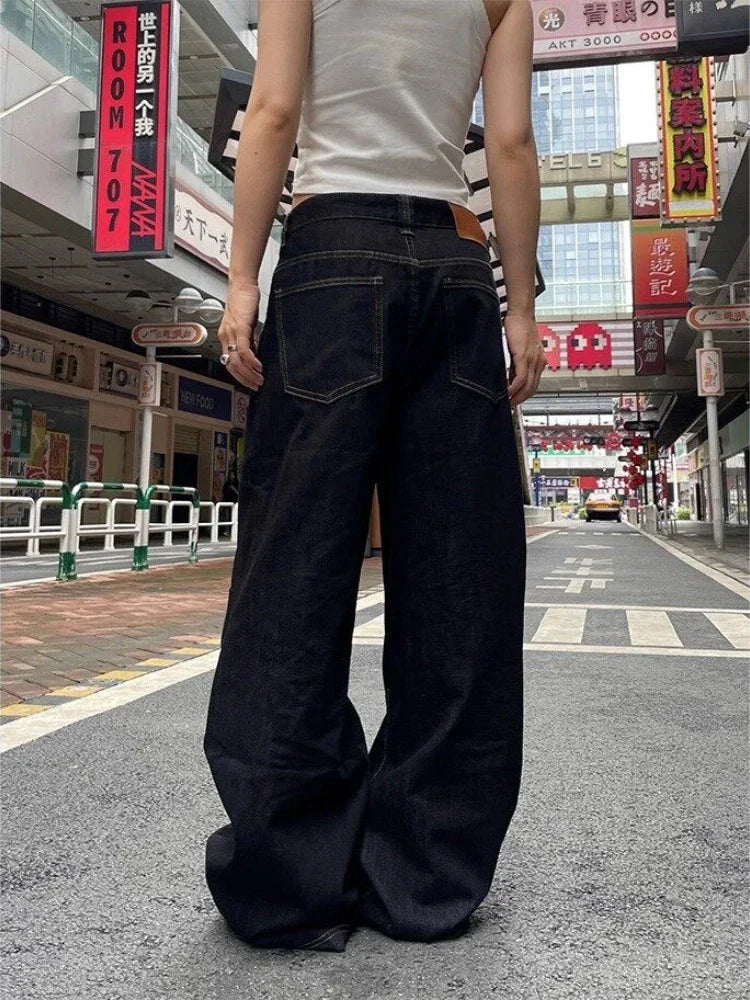 Grunge Y2k Black Jeans Women Vintage Oversized High Street Cargo Denim Trousers Wide Casual Baggy Straight Denim Pants