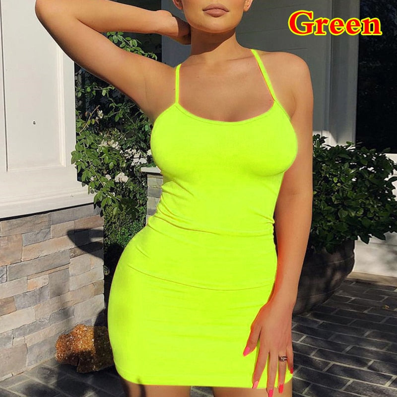 warmmeta Sexy Spaghetti Strap Camisole Mini Dress Women Bodycon Club Party Dresses Summer New Pure Color Sundress Plus Size XS-5XL