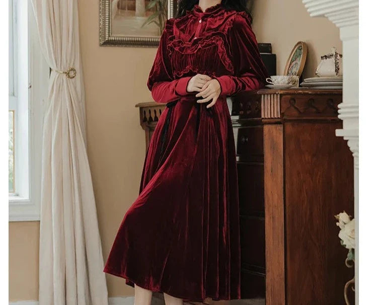 Ruby Victorian-Vintage-Academia Burgundy-Red Velvet Dress