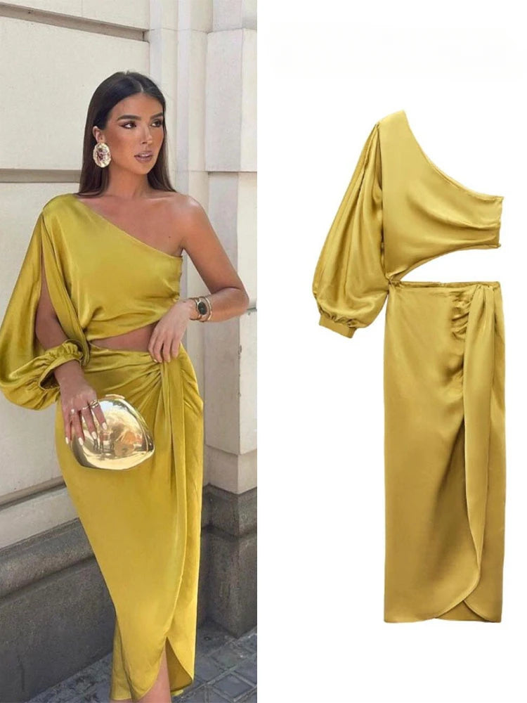 Tea party dress to impress  Ruched Off Shoulder Elegant Dresses for Women 2023 Yellow Asymmetric Satin Cut Out Long Dress Traf Official Store