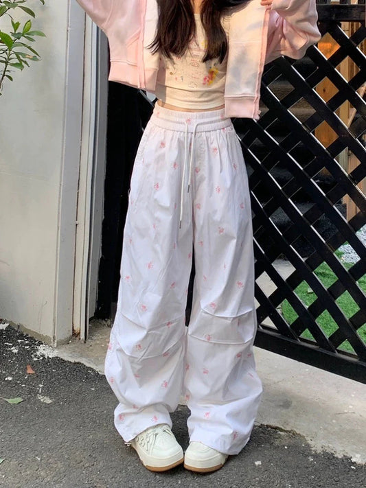 Y2k Parachute White Jogger Pants Women Baggy Bow Printed Sweatpants Hip Hop Streetwear Fashion Slouchy Sporty Bottoms