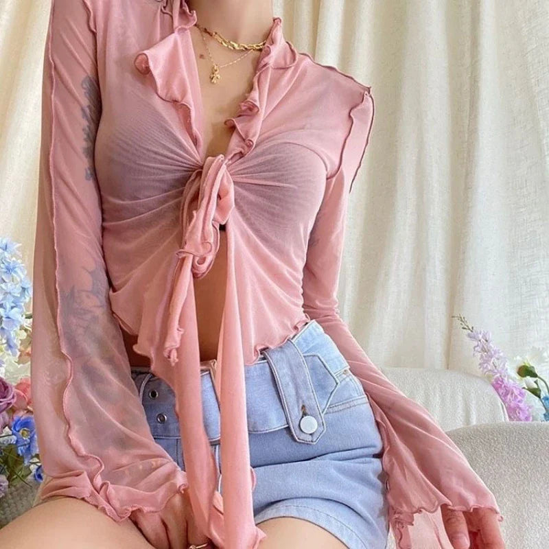 Long Flare Sleeve Blouses for Women Lace-up Mesh Sexy Sweet Hot Girls Korean Fashion Style All-match Solid Design Elegant Casual