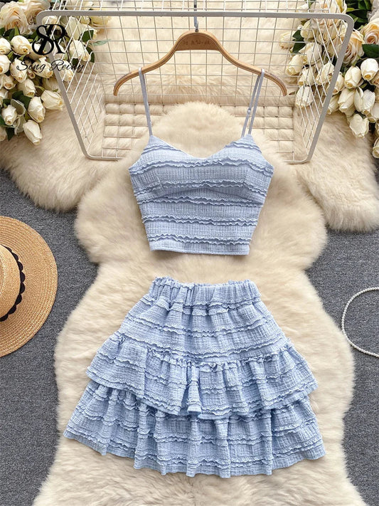 Sweet Ruched Two Pieces Sets V Neck Strap Crop Tops+Short Pleated Skirt Women Korean Style Chic Summer Beachwear Suits