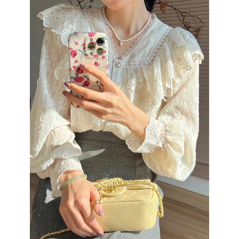 warmmeta-Vintage French Women Shirts Lace Lolita Elegant Long Sleeve Flounce Blouse High Quality Office Lady New Fashion Chic Female Tops