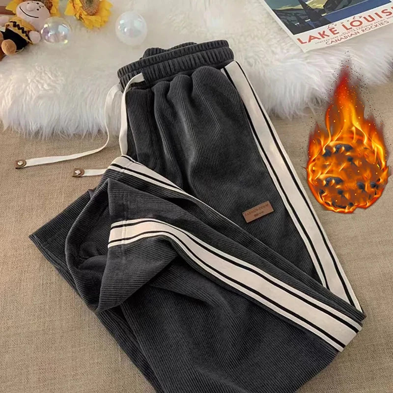 Fall Striped Corduroy Sweatpants Women Winter Thick High Waist Drawstring Wide Leg Trousers Y2K Korean All-Match Straight Pants