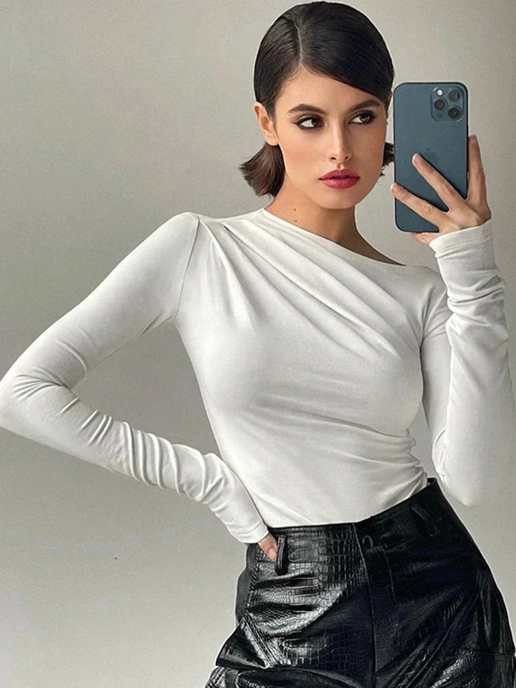 Black T-Shirts Long Sleeve Top Women Basic Crop Top Spring Fall Pullover Solid Skew Neck T Shirt Streetwear Basic White Y2K Tees