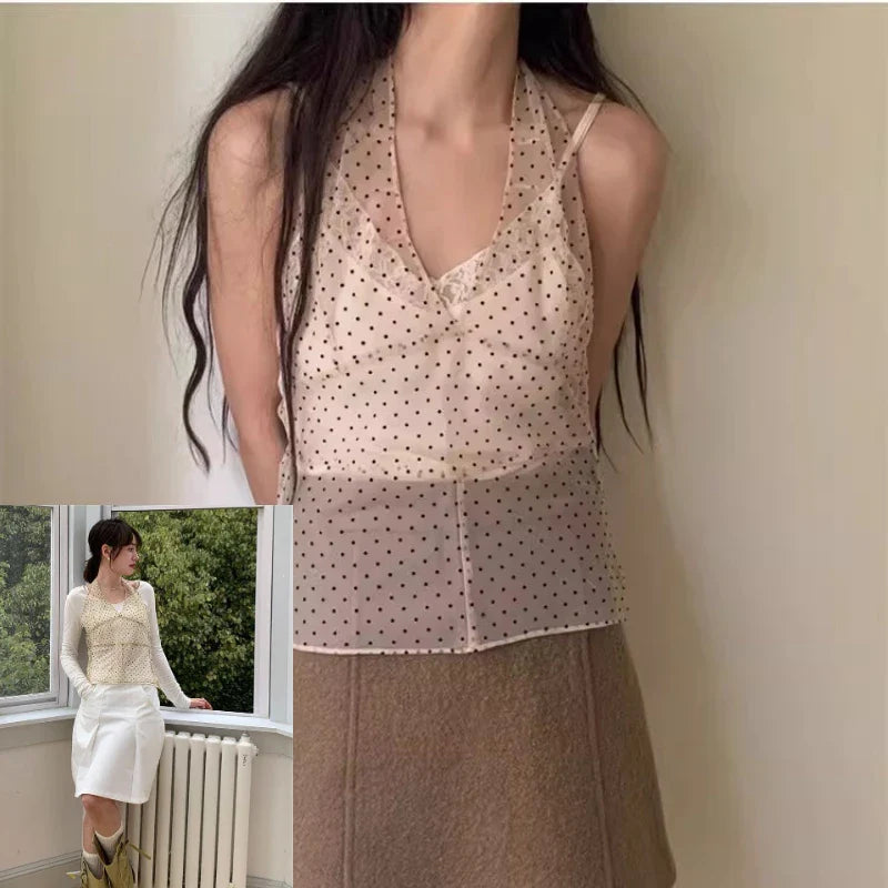 Korean Ins Same Lace Wave Point Camisole Dress Womens Mesh Sleeveless Mid Length Cover Up Dress Summer New Y2K Girl Spicy Girls