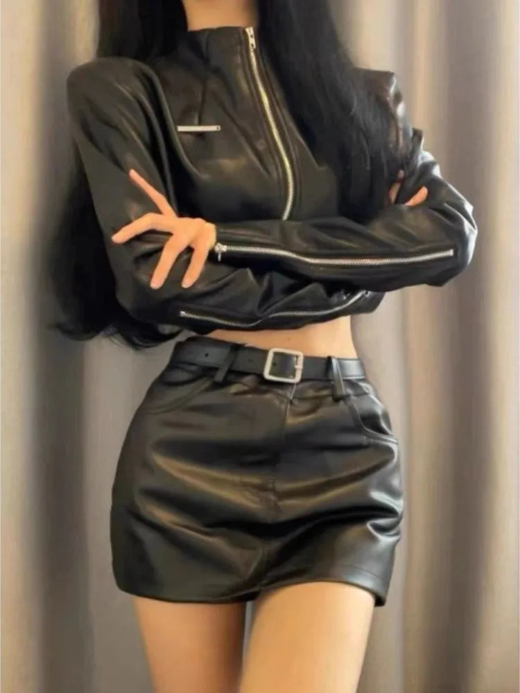 Vintage Locomotive Long Sleeve Black Leather Coat Women+ Y2k E-Girl High Waist Bodycon Skirts Spring Autumn Two Piece Sets