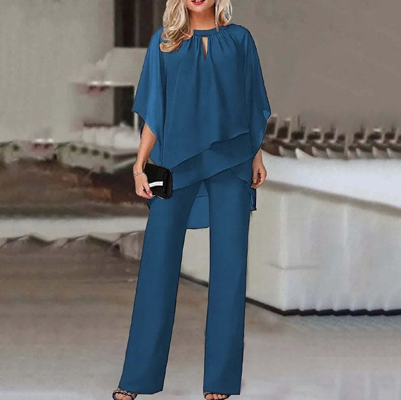 Fashion Solid Women Set Elegant Two Piece Set Casual Irregular Suit Loose Half Sleeve Tops+High Waist Wide Leg Pants Set Outfits