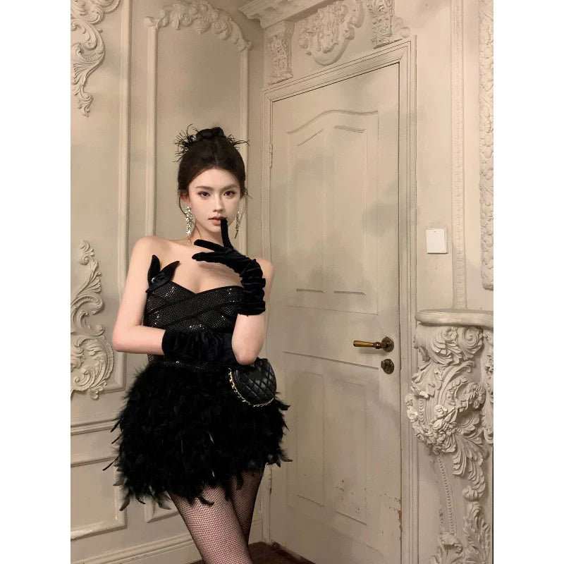 WARMMETA Girl Sexy Hot Diamond Slim Fit Lace-up Dress Women's Autumn/Winter Spliced Feather Strapless Bottom Dress Female Clothes