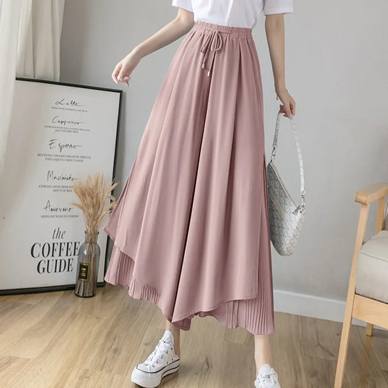 Elastic Wide Leg Pants Women Korean Fashion Chiffon Trousers Summer Casual Loose Pleated Pants Lady High Waist Street Skirt Pant