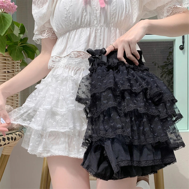 Snow Petal Ruffled Tulle Lace Bloomer Lolita Shorts