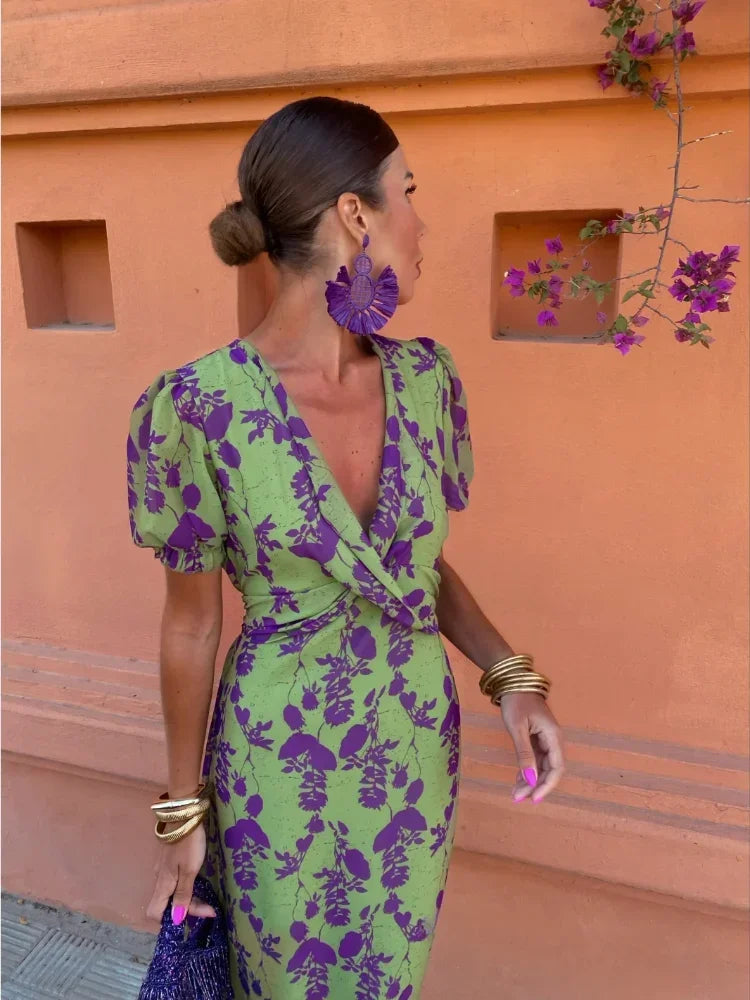 Women Vintage Floral Print Twisted Bodycon Maxi Dress Sexy V Neck Short Puff Sleeves Robe Summer Female Elegant Streetwear 2024