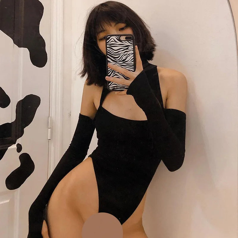 Women's Sexy Hollow Bodysuit Long Sleeved Off-Shoulder Tops Solid Color Fashion Half High Collar Jumpsuit Bottoming Clothes 2023