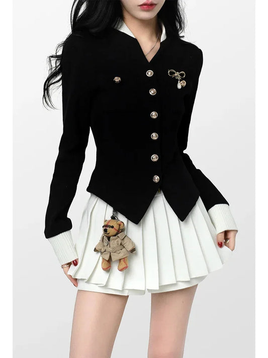 warmmeta Two Piece Set Black Vintage  Women Japanese Short Blazer Coat+mini Skirt Suit Female Casual Korean Fashion Sexy Kawaii Set