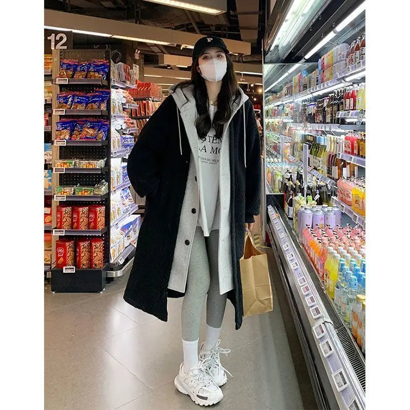 CHIC Fake Two Imitation Lambswool Hooded Coat Women's Autumn and Winter 2023 New Thick High-grade Cardigan Long Joker Plush Coat