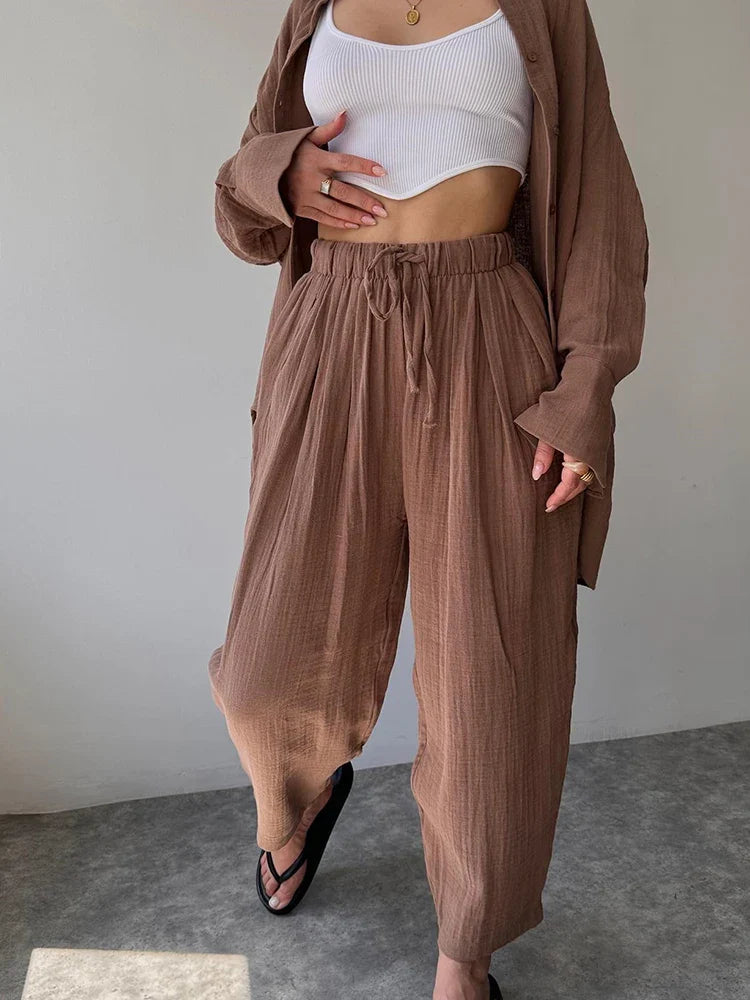 2024 Spring Women's Tracksuit with Buttons Shirt Casual Loose Soft Wide Leg Trousers Home Suit Two Piece Set for Women Outfits