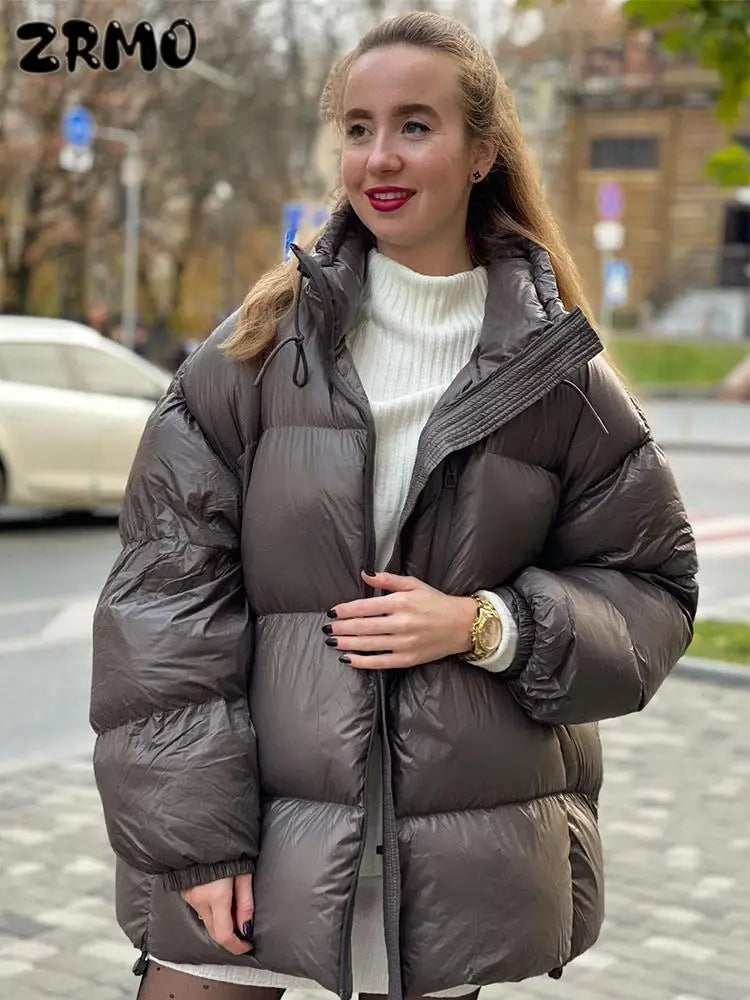 Fashion Solid Pocket Puffer Jacket For Women Casuanl Stand Up Collar Female Parka 2023 Winter Thicken Warm Long Sleeve Lady Coat