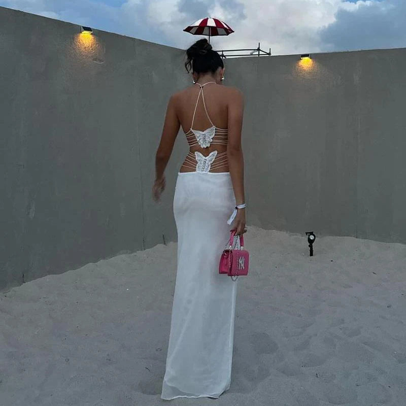 Butterfly Backless Long Dresses Women Summer 2024 White Mesh Beach Dress Spaghetti Strap Bodycon Maxi Dress