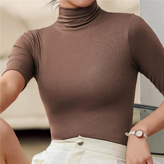 warmmeta 1 Basic Cotton T Shirt Women Turtleneck Slim Tshirt Short Sleeve T-shirts Female Casual Elasticity White Tee Shirt Femme Woman Top