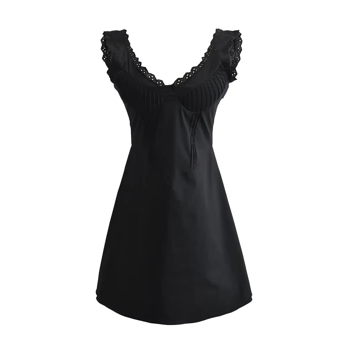 PICSGIRL -  Women Summer Strap V Neck White Lace Tilly Black Pin Tuck A line Corset Mini Dress