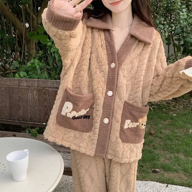 Ladies Coral Fleece Pajamas Women Sleepwear Suit Winter 2024 New Loungewear Famale Thickened Sweet Girls Home Wear Set Pijamas