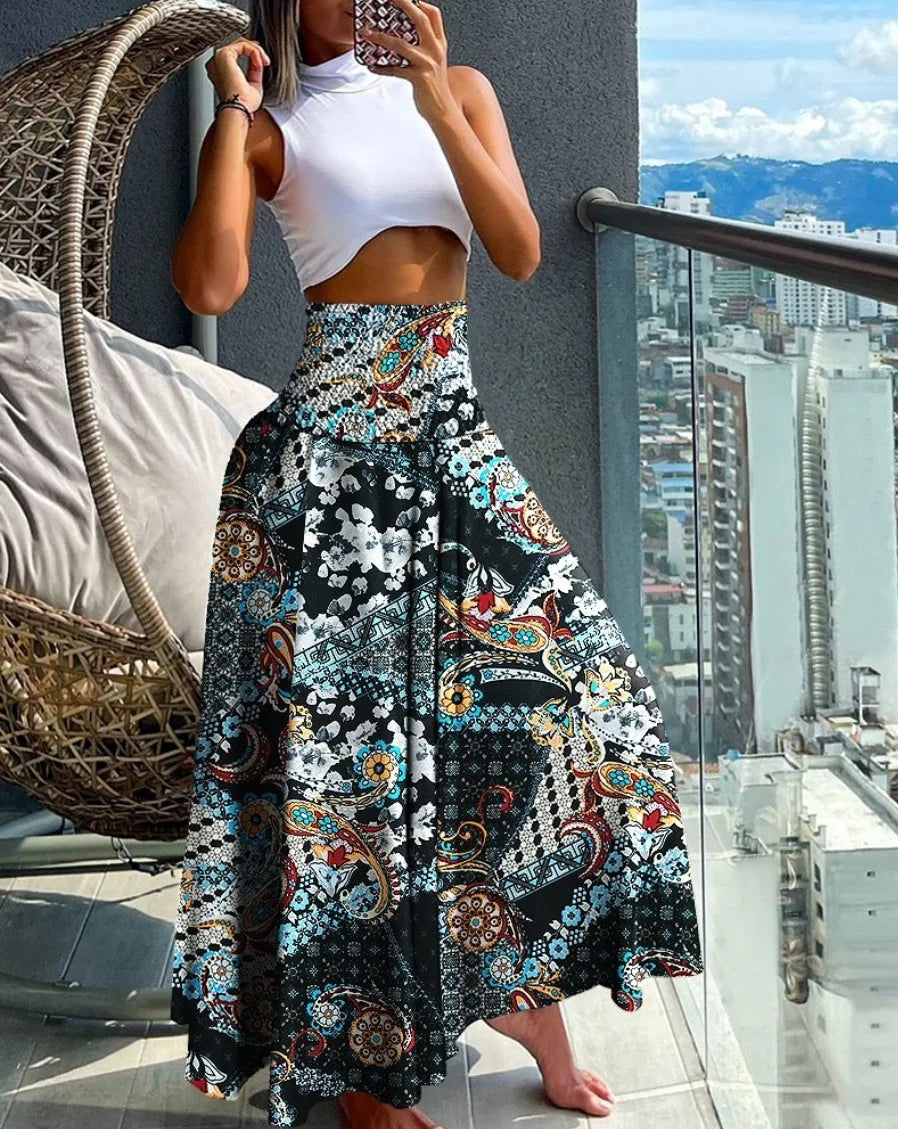 Boho Print Skirts For Women 2024 Summer Casual Elastic High Waist A-line Big Swing Long Dress Vacation Beach Party Skirt Robe