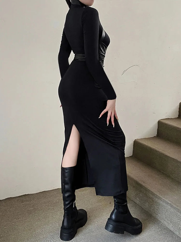 Picsgirl  Black Maxi Dress Women Sexy Punk Style Split Bandage Bodycon Dress Female Autumn Long Sleeve Turtleneck Party Club Long Dresses