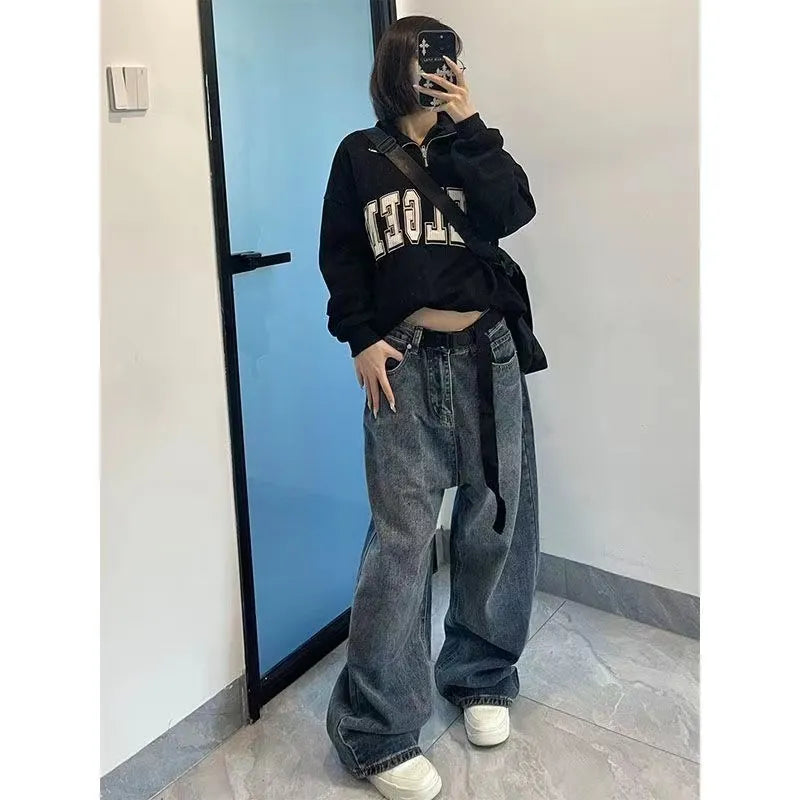 Harajuku Baggy Femme Jeans Y2K Dark Blue Brown High Waist Streetwear 90S Baggy Trousers Women Pants Straight Wide Leg Pants