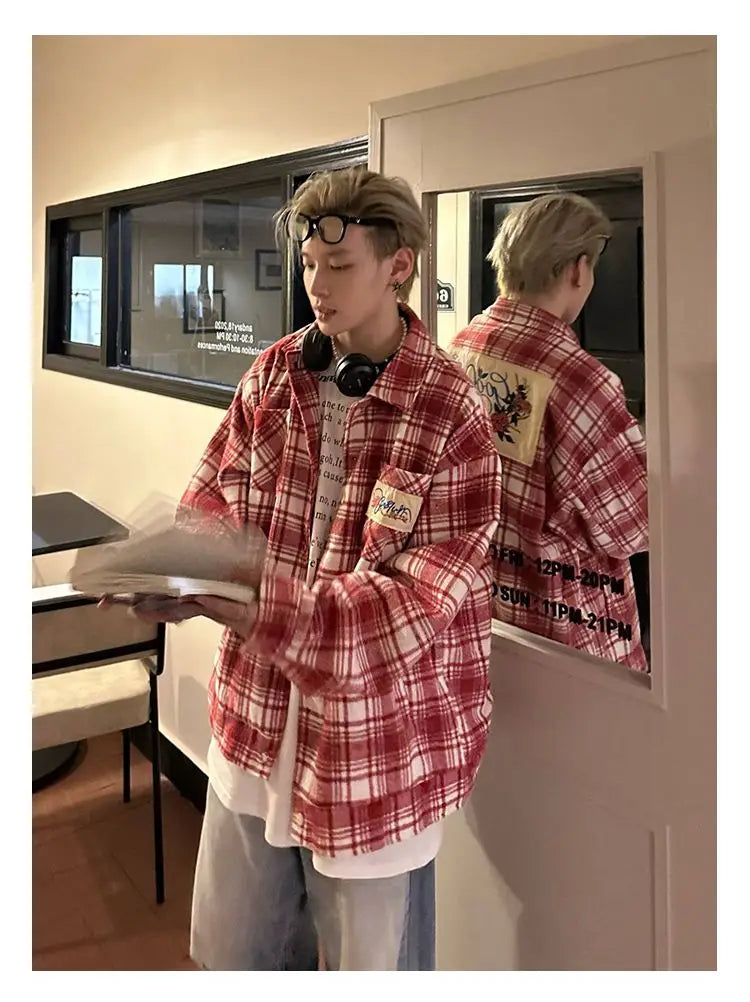 Red Plaid Long Sleeve Shirt For Men And Women Hiphop Loose Trend Shirt Versatile Coat Patchwork Design High-end Sense Top