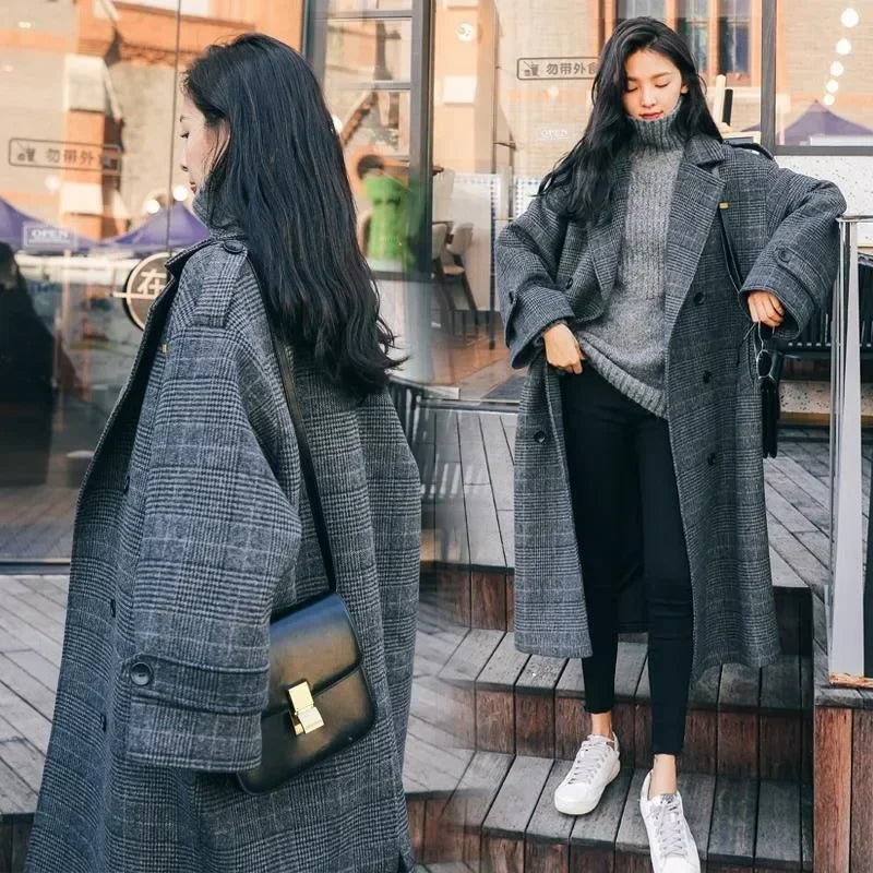 Women Coat Plaid Tweed Wool Warm Long Jackets Female Overcoat Korean Fashion Outerwear Trench Coat Clothes 2023 Autumn Winter