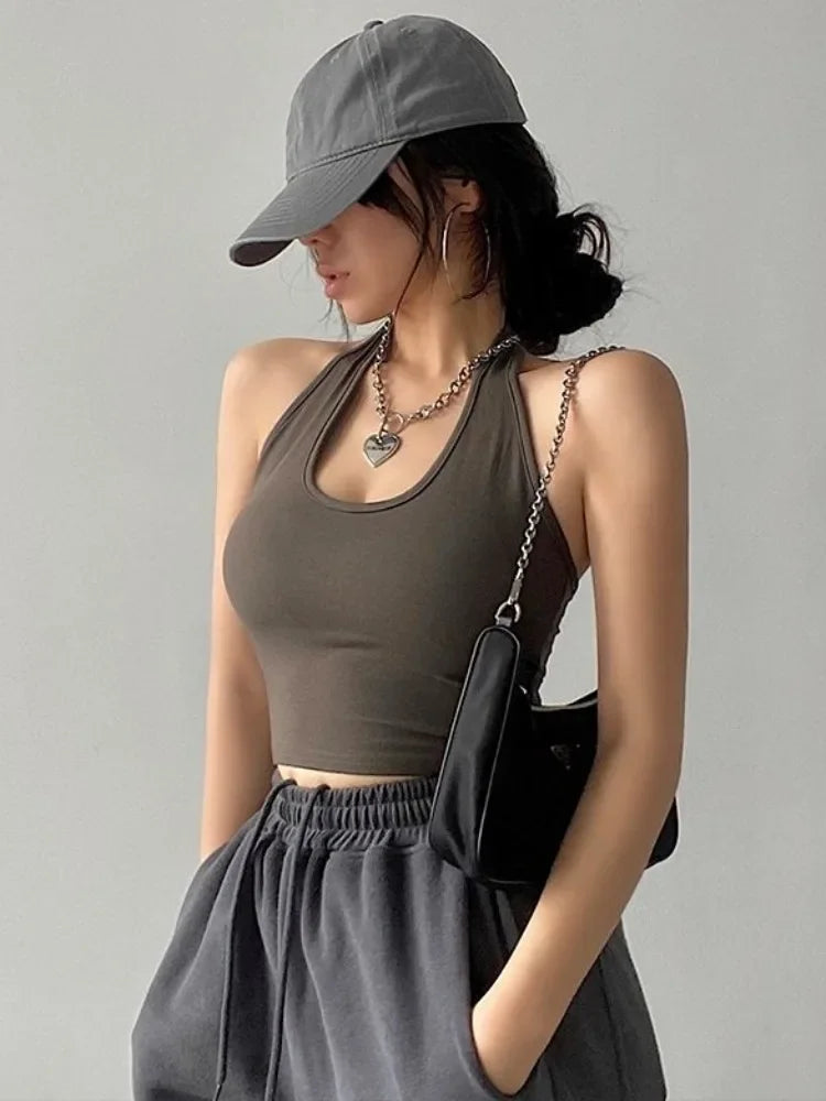 Deeptown Solid Color Sexy Halter Top Women Sleeveless Hanging Neck Crop Tops Casual Basic Slim Backless Tank Top Female Summer