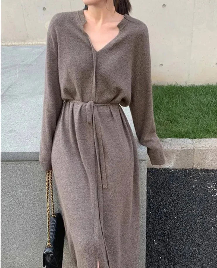 Sweater Dress for Women Autumn Winter Mid Length Underlay Outwear Over Knee Drawstring Waist Elegant Knit Dress Women's Clothing