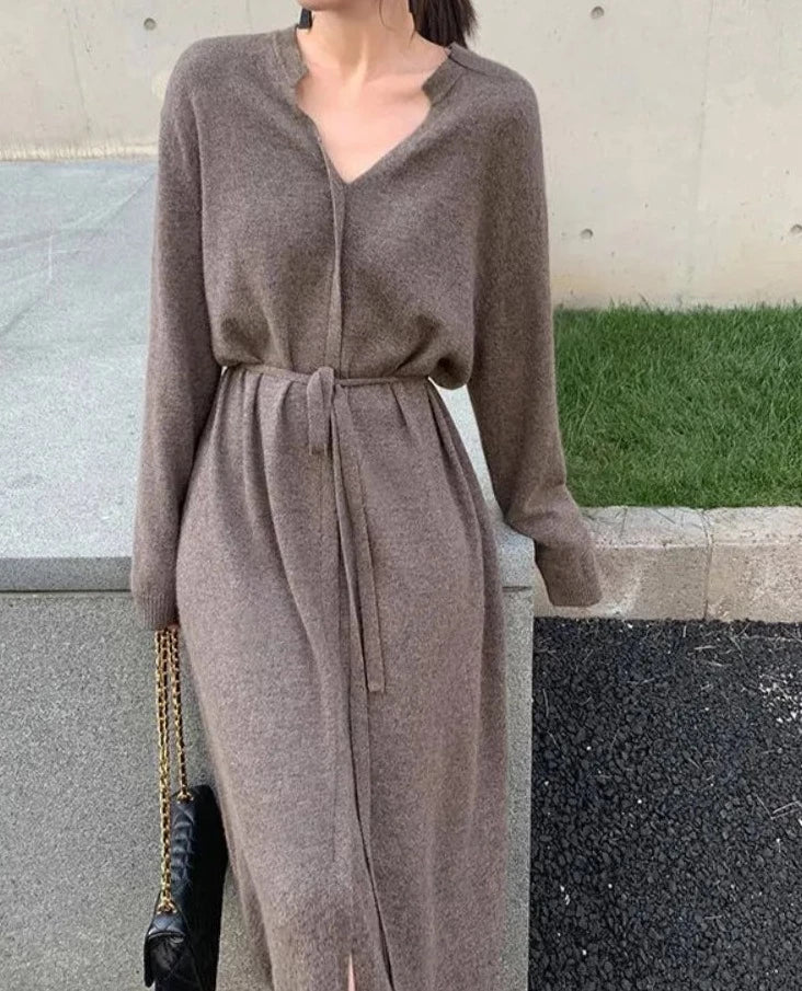 Sweater Dress for Women Autumn Winter Mid Length Underlay Outwear Over Knee Drawstring Waist Elegant Knit Dress Women's Clothing