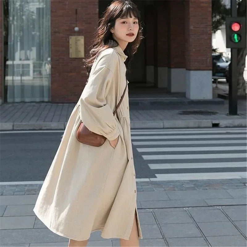 Fashion Winter Dress Loose Shirt Ruffle Long Sleeve Dress Robe Harajuku Vintage Dress Lady T Shirt Streetwear Solid Casual Dress