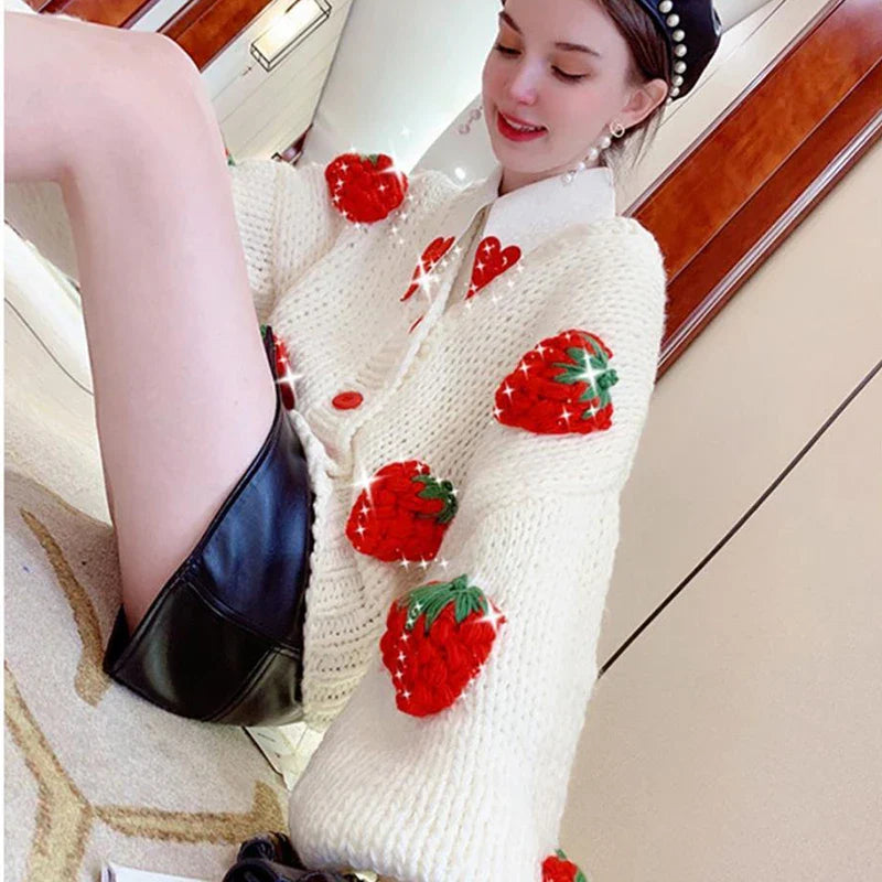 Cute Strawberry Women Cardigan Sweater Winter Loose Fashion V Neck Hand 3D Knitting Ladies Jumper Casual Female Coats New