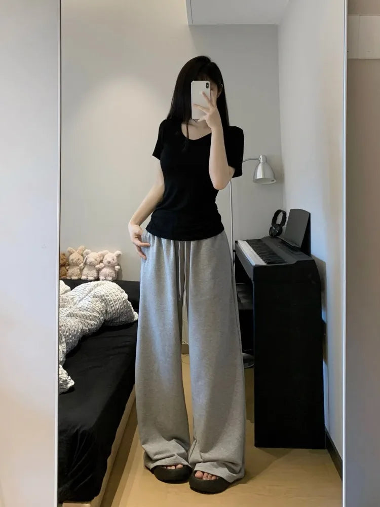 HOUZHOU Casual Grey Sweatpants Women Korean Style Wide Leg Sports Pants Harajuku Basic Oversize High Waist Black Trousers Female