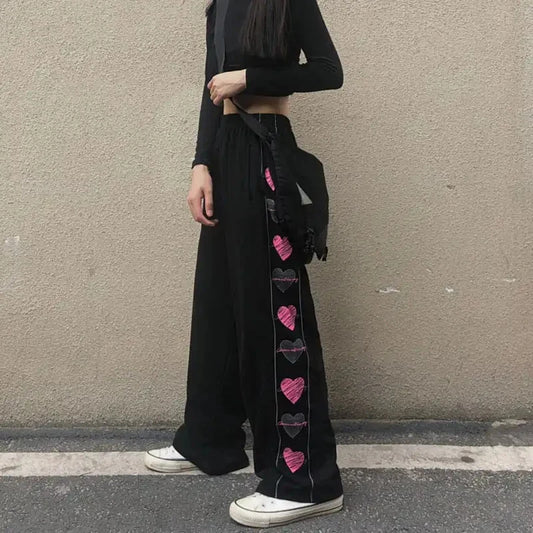 Plus Size 6XL 150kg Spring Summer Pants Women Hearted Print Elastic Waist Black Wide Leg Pant Woman Loose Trousers