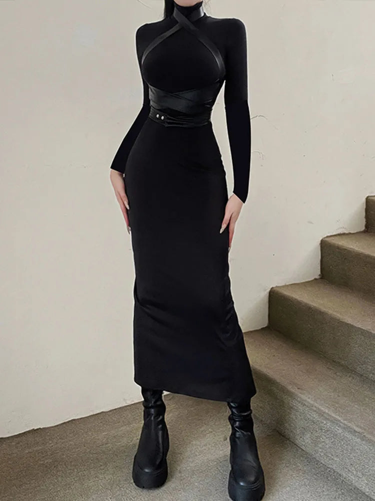 Picsgirl  Black Maxi Dress Women Sexy Punk Style Split Bandage Bodycon Dress Female Autumn Long Sleeve Turtleneck Party Club Long Dresses