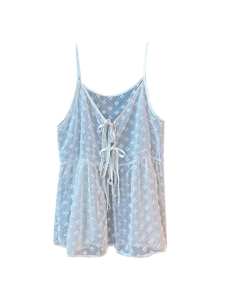 Korean Style Overlap Tank Top Women Spring Bow Lace Up Jacquard Polka Dot Outwear Vests Sweet Sleeveless Chiffon Tops