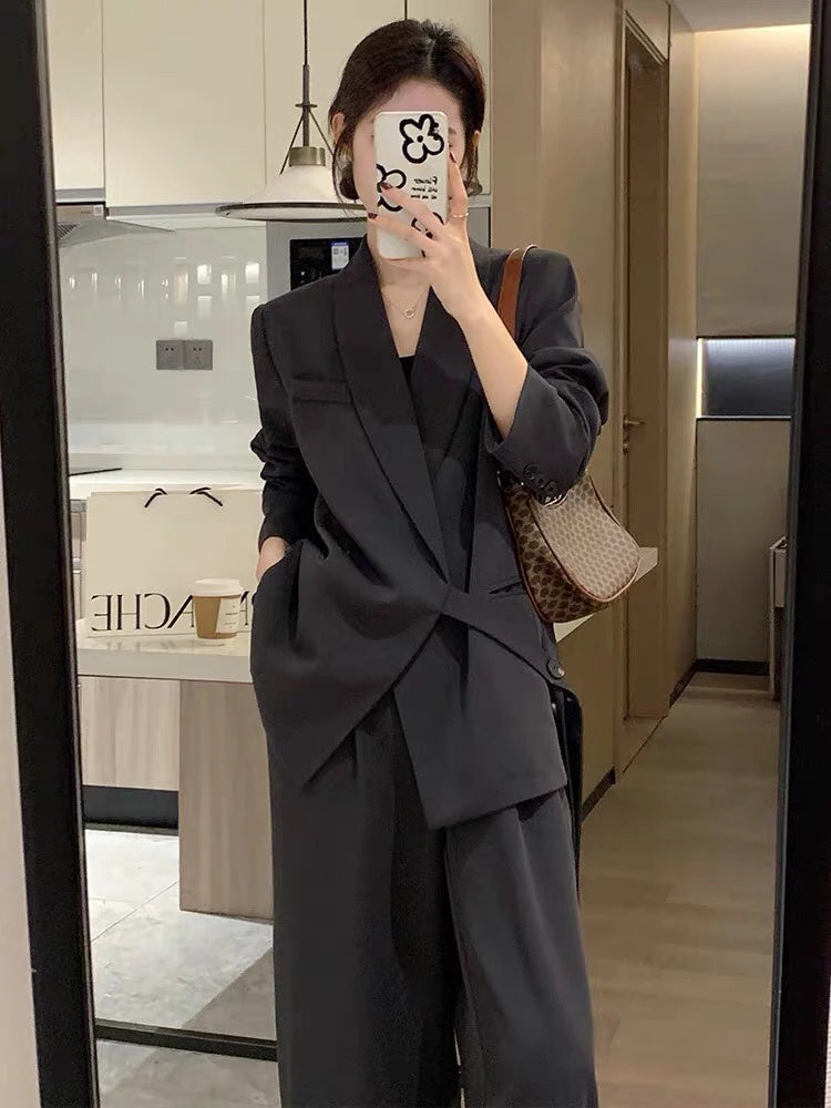 Office Lady Blazer Belt Pant Suits Women's Pantsuit Korean Version Notched Baggy Pants Autumn Elegant Euality Chic Women Outfit