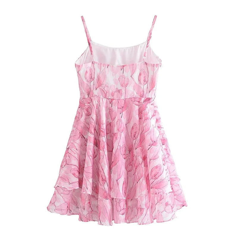 WARMMETA Sweet Women Pink Floral Print Sexy Sling Mini Dress Sleeveless Female A-line Mini Summer Dresses Holiday Robe