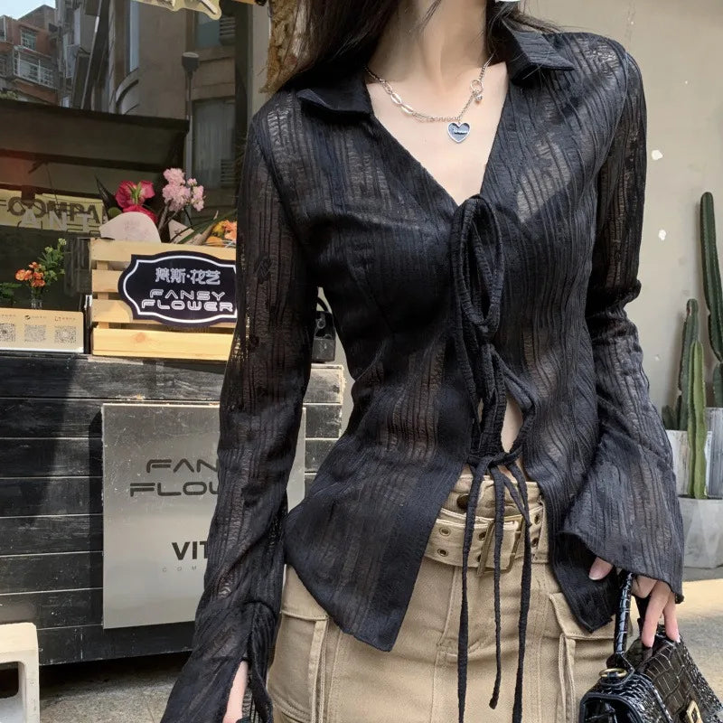 Women Sexy Transparent Blouse Lace Korean Fashion Harajuku Long Sleeve See Through Black Goth Slim Shirts Y2k Lady Blouse