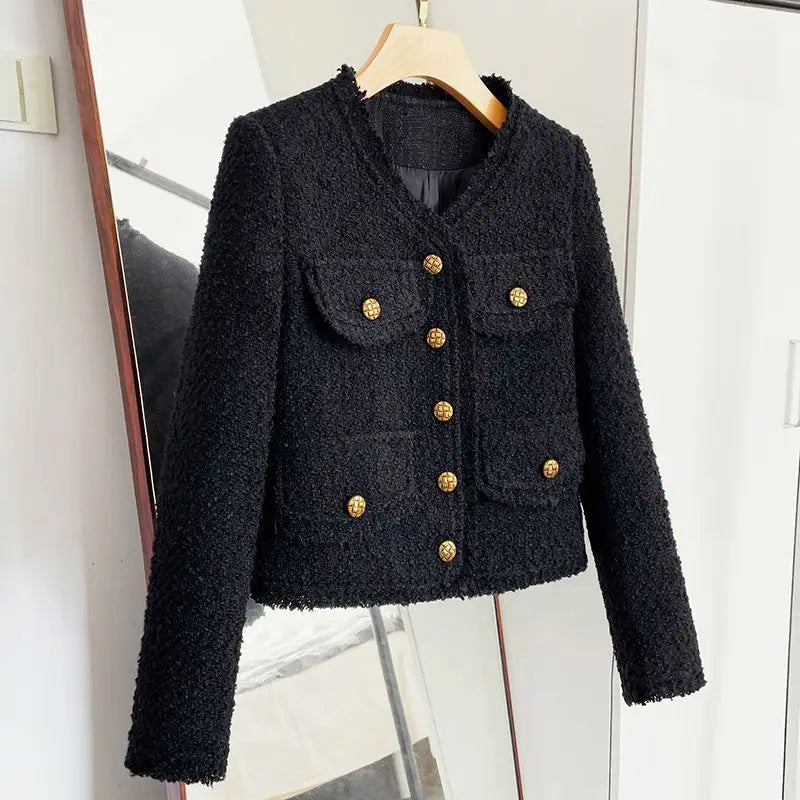 Spring Autumn Women's Jacket Tweed Blazer Vintage Long Sleeve Button Korean Chic Short Coat Black Office Lady Clothing New