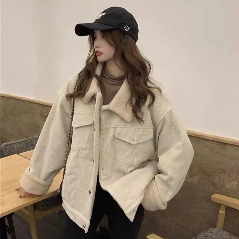 Corduroy jacket for women autumn and winter new Korean style loose lamb wool plus velvet student corduroy top trendy coat