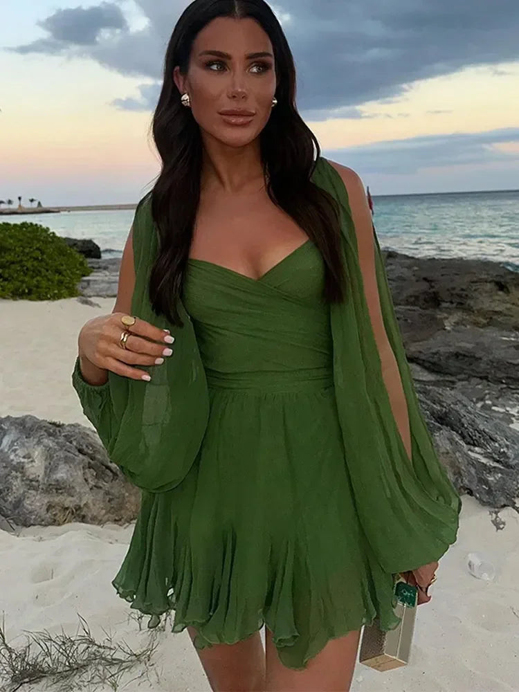 Fashion Green Pleated Mini Dress For Women Summer Sexy V-neck Split Long Sleeve A-line Dresses 2024 Casual Lady Beach Vestidos