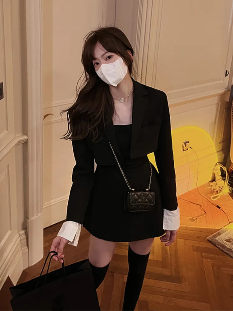 Winter Black Two Piece Dress Set Women Blazer Coat+Strap Dress Set Female Casual Korean Fashion Slim Elegant Dress Suit 2022 New