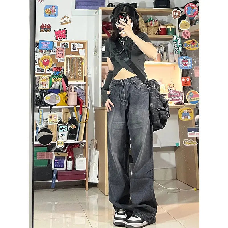 Y2k Straight Denim Trousers Jeans Women Vintage 90S High Waist Loose Wide Leg Casual Long Pants Clothing Female Streetwear