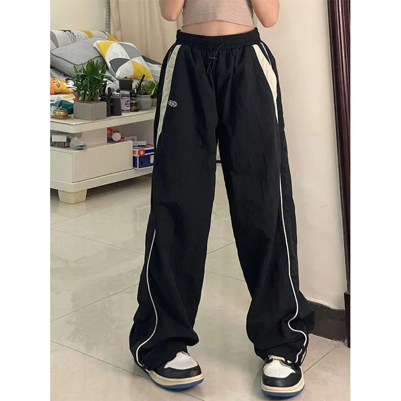 warmmeta 2 Women Spring Retro Solid Loose Drawstring Trousers Casual Joggers Baggy Wide Leg Sweatpants Mid Waist Sporty Y2k Female Clothes