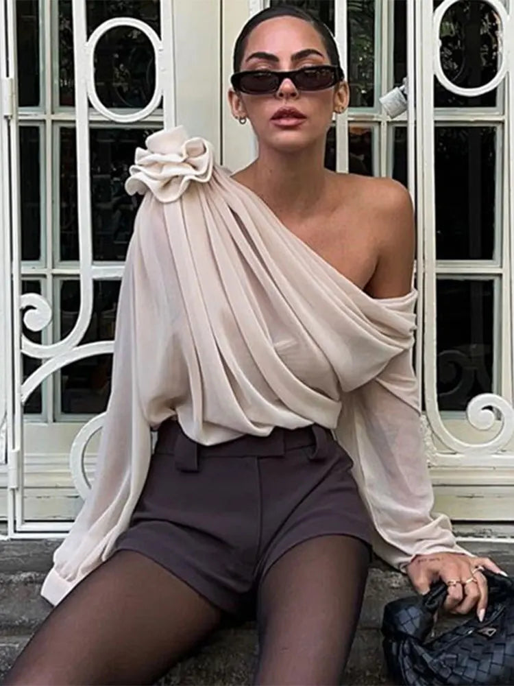 Spring 3d Flower Off Shoulder Chiffon Tops Women Fashion Loose Long Sleeve Pleated T-shirt Chic Female Loose High Streetwear